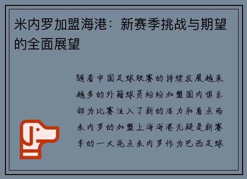 米内罗加盟海港：新赛季挑战与期望的全面展望